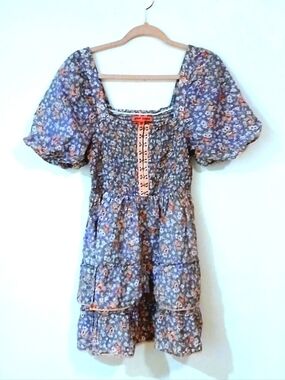 Betsey Johnson Floral Smocked Dress Puff Sleeve Tiered Cottagecore Prairie M
